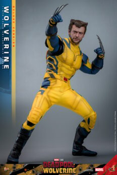 Wolverine Sixth Scale Action Figure by Hot Toys: full-body shot lunging left, left arm bent, right arm up, claws out, in full suit, no mask.- Prototype Shown View 3