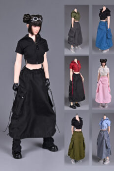 Trang phục tỉ lệ 1/6:  áo khoác kéo khóa kèm chân váy, áo rút dây và váy dài ngang gối